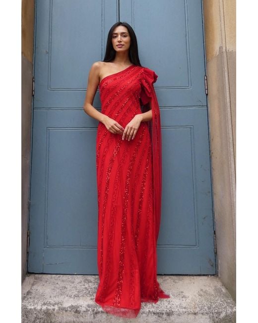 Raishma Red Blossom A One Shoulder Floor Length With An Attached Stole With Frill On The Shoulder Gown