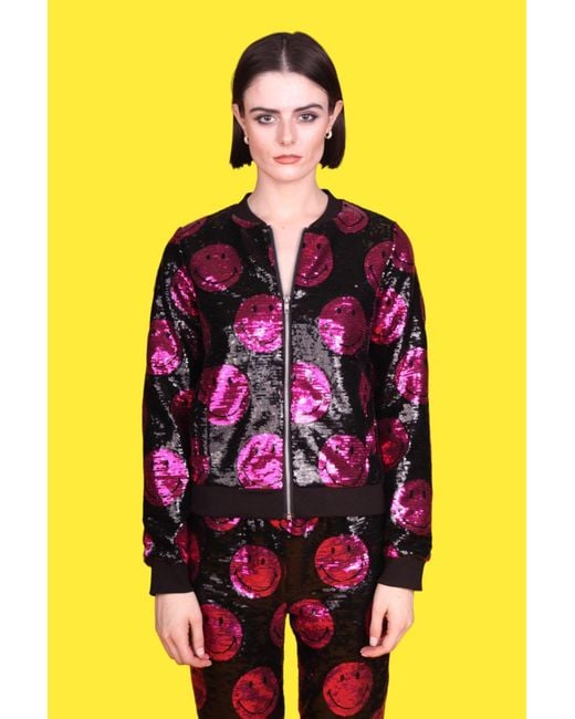 Any Old Iron Pink Smiley Sequin Bomber Jacket