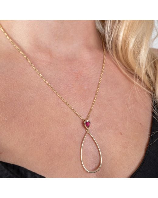 Lucy Quartermaine Metallic Long Petal Drop Necklace With Pear Cut Ruby