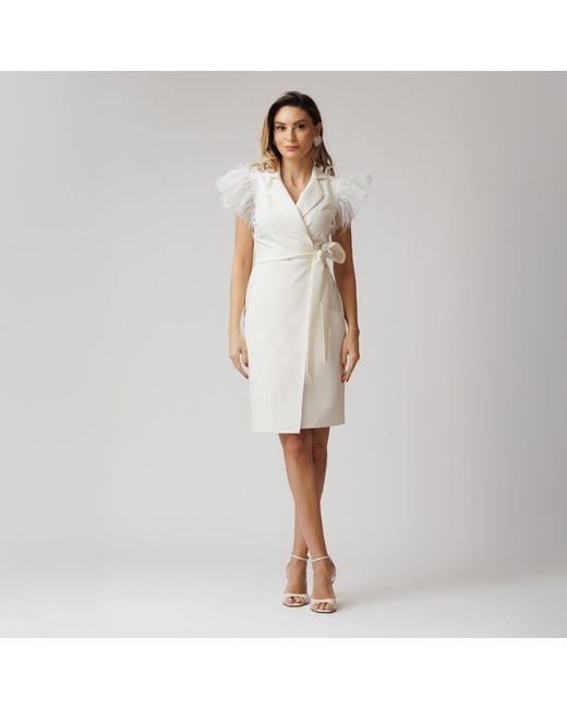 concept A trois White Short Wrap Blazer Dress With Winged Tulle Sleeves