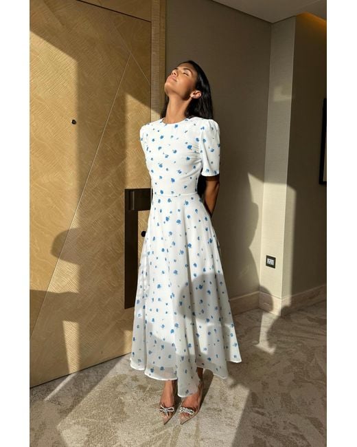 POST MERIDIEM White Printed Short Sleeve Floral Midi Dress