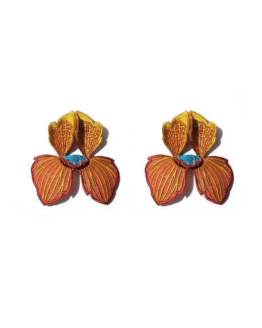 Nana Watanabe Orange Neutrals Click Flora Folded Dimensional Embroidered Earrings