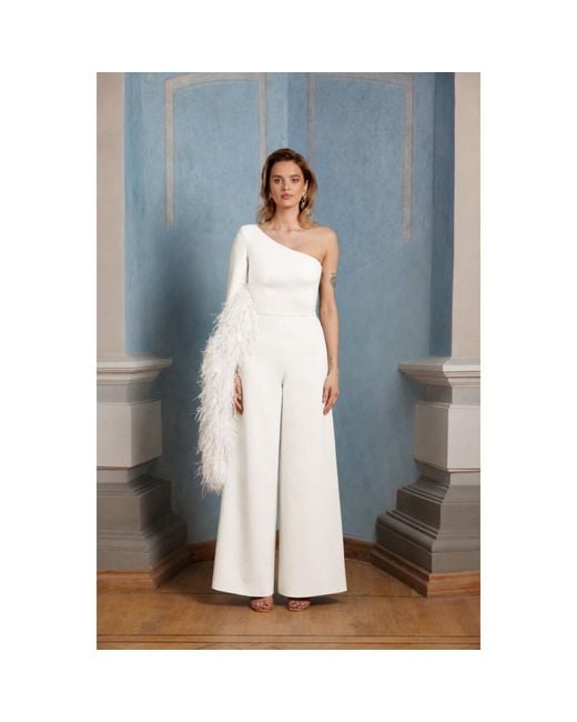 Nomi Fame White Nymph Creamy One Sleeve Asymmetric Neckline Jumpsuit