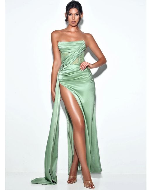 Miss Circle New York Green Holly Basil Crystallized Corset High Slit Satin Gown