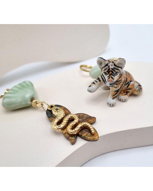 Midnight Foxes Studio Green Baby Tiger & Snake Gold Earrings