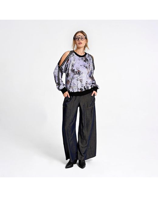 Lalipop Design Blue Wide-Leg Pants With Contrast Stitching