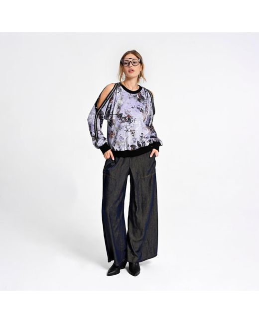 Lalipop Design Blue Floral Print Sweatshirt With Snap-Button Shoulder Detail