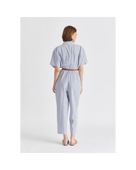 Paisie Blue Striped Jumpsuit With Waist Pleats