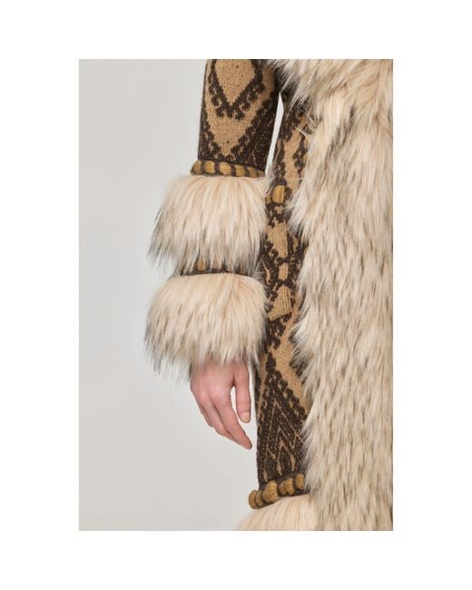 The Extreme Collection Natural Multicolour Long Knit Coat With Faux Fur Kira