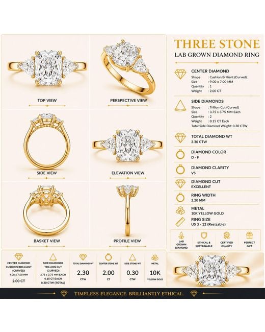 Aya Fine Jewelry Metallic Bridal Cushion Cut Three Stone Lab Diamond Ring For Gifting 10K