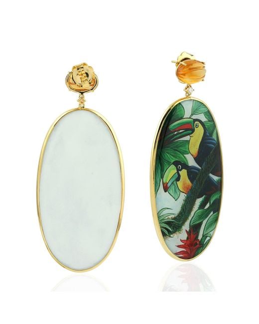 Artisan Green Bakelite Motif Drop Earrings With Citrine & Diamond