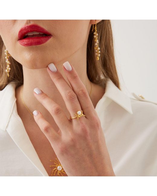 Spero London Metallic Barbed Wire Design Pearl Adjustable Sterling Natural Hammered Ring