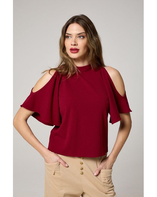 K-Win London Red Elegant Butterfly Sleeve Cold-Shoulder Top