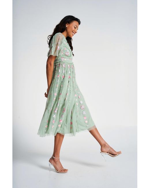 Frock and Frill Green Anthea Floral Embroidered Midi Dress