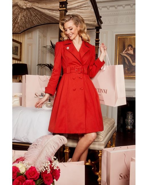 Santinni Red Bergman Cotton Gaberdine Dress Trench Coat In Rosso