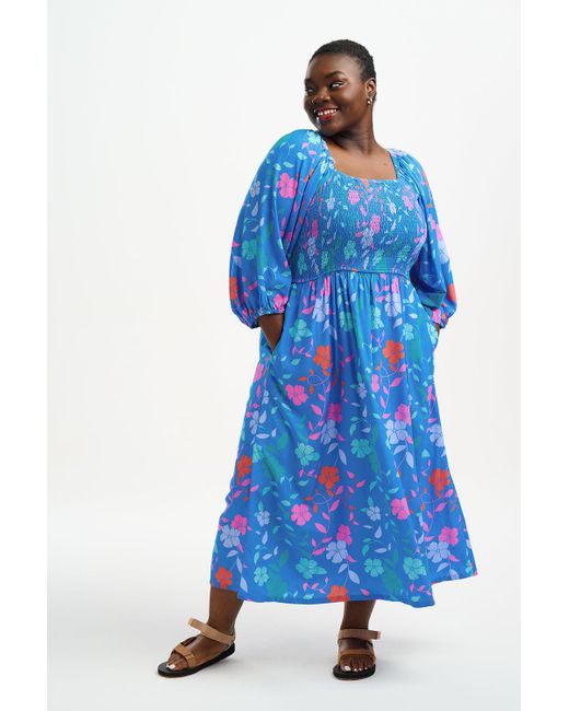 Sugarhill Blue Raquel Midi Shirred Dress , Rainbow Floral Vine