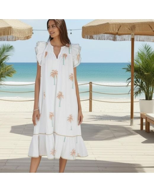 La Mandarine White Summer Dress, Floaty Cotton Summer Midi Dress With Pockets Palmeraie