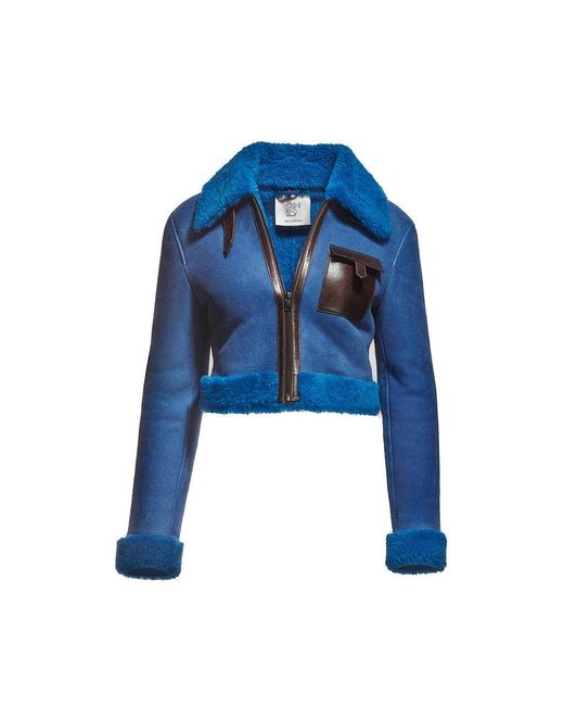 Maison sél Blue Leather Jacket With Shearling –