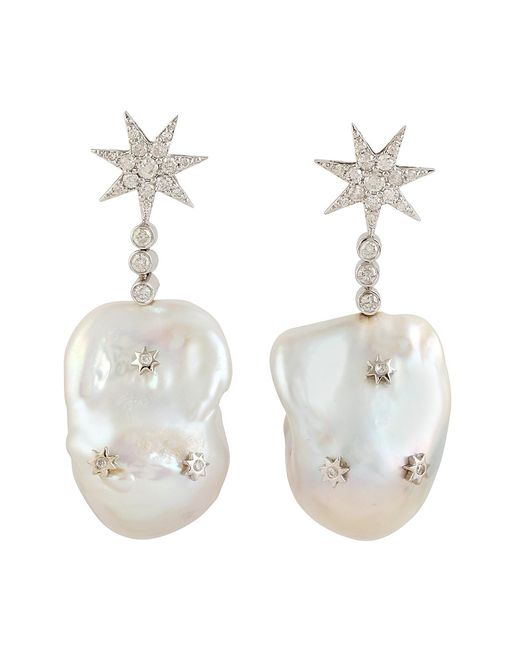 Artisan White Baroque Pearl & Diamond Star Drop Earrings