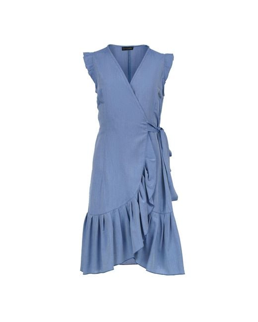 Conquista Blue Denim Sleeveless Ruffled Wrap Dress