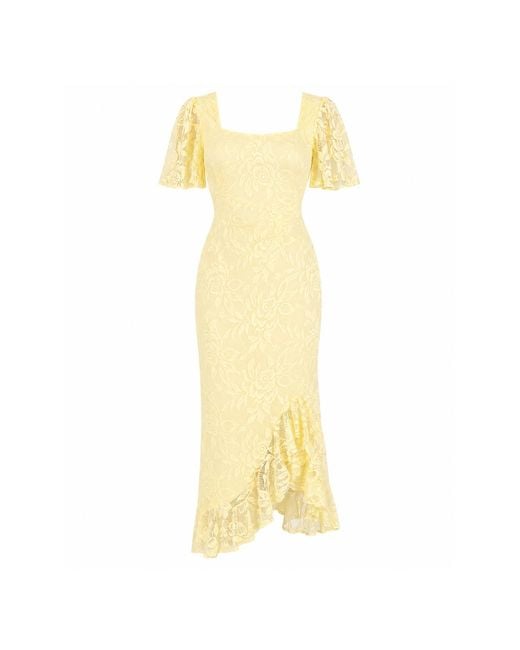 Girl In Mind Yellow Heidi Lace Ruched Midi Dress