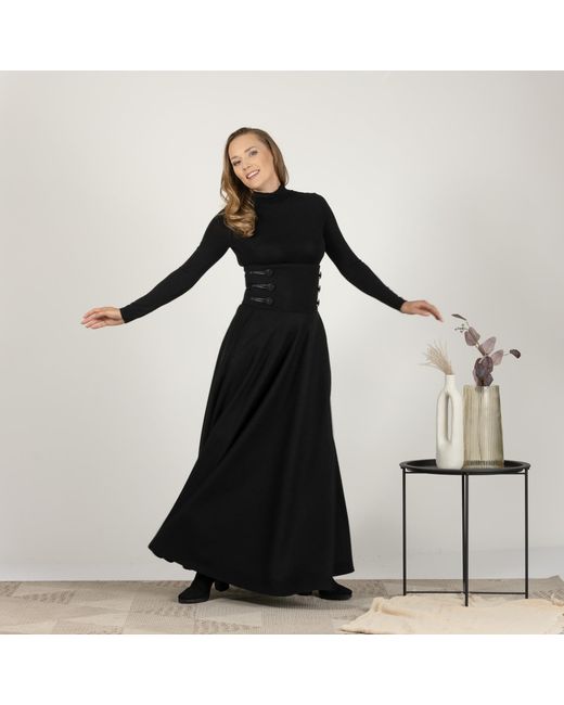 Nikka Place Black Wool Floor Length Skirt With Hight Waist & Front Buttons