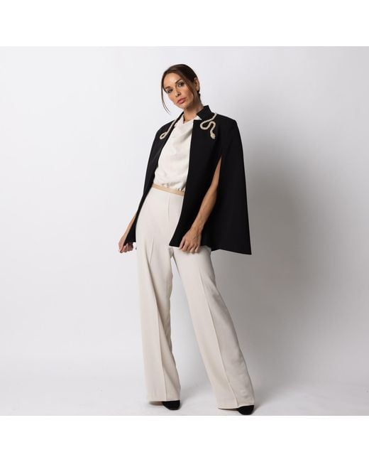 House of Laines London Black Laines Couture Tailored Cape With Embellished Crystal & Pearl Wrap Around Snake