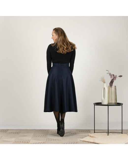 Nikka Place Blue Dark Wool Skirt Below The Knee With High Waist & Pockets