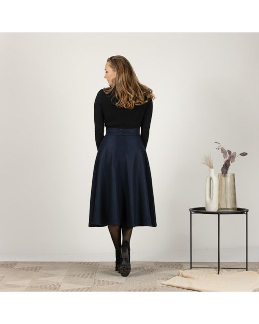 Nikka Place Blue Dark Wool Skirt Below The Knee With High Waist & Pockets