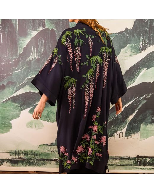 Artemis Muse Black Wisteria & Chrysanthemum Embroidered & Fully Lined Long Kimono