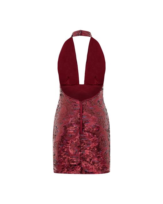 Pcfg Red Sequin Neck Tie Dress With Side Slit