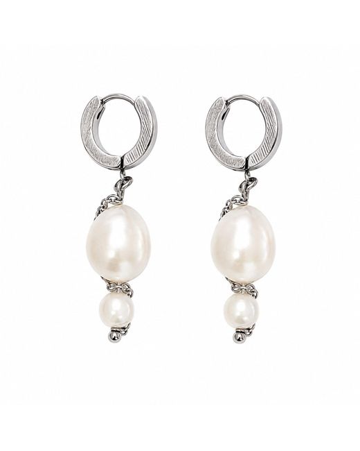 Kirei Metallic Pulse – Stainless Steel Hoop Earrings With Double Freshwater Pearl & Chain