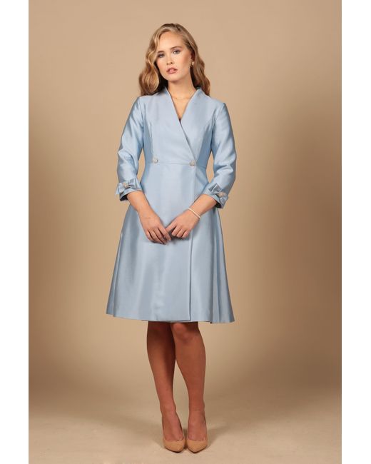 Santinni Blue Astor Silk Taffeta Dress Coat
