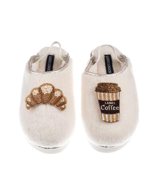Laines London Multicolor Neutrals Flatform Cloud Closed Toe Slippers With Coffee & Croissant Brooches Brooches