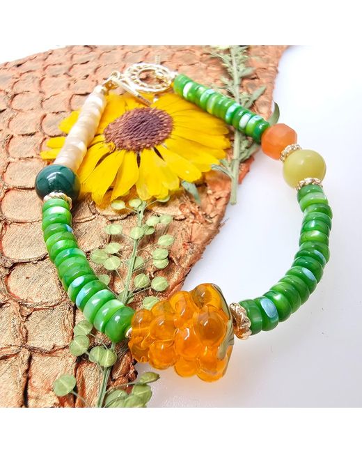 Farra Green Summer Garden Malachite & Agate Bracelet With Raspberry Charm
