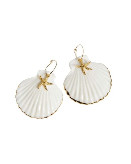 POPORCELAIN Metallic Golden Edge Clam Shell With Starfish Hoop Earrings