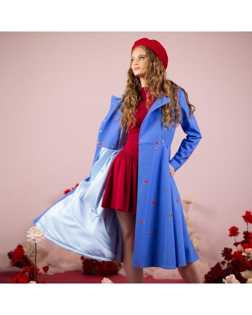 RainSisters Blue Trench Coat With Flower Print: Forget Me Not