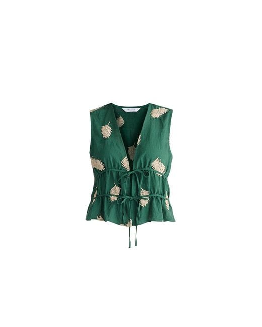 Paisie Green Leaf Embroidered Tie Front Waistcoat