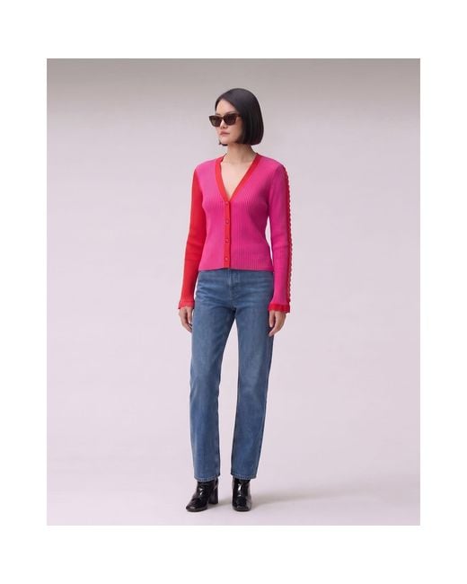 Arto. Pink Lace Trim Rib Knit Short Cardigan