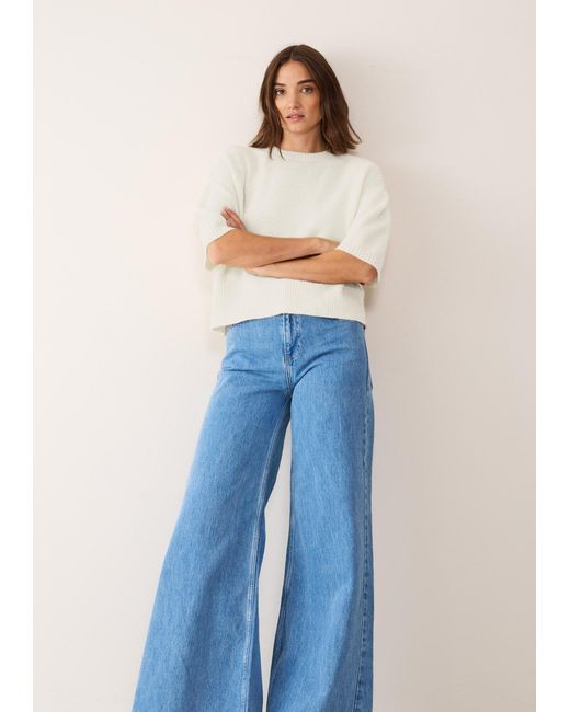 Loop Cashmere White Neutrals Ribbed Detail Lofty Cashmere Short-Sleeved Sweater