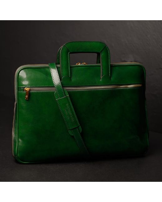 Time Resistance Green Leather Briefcase Laptop Bag for men