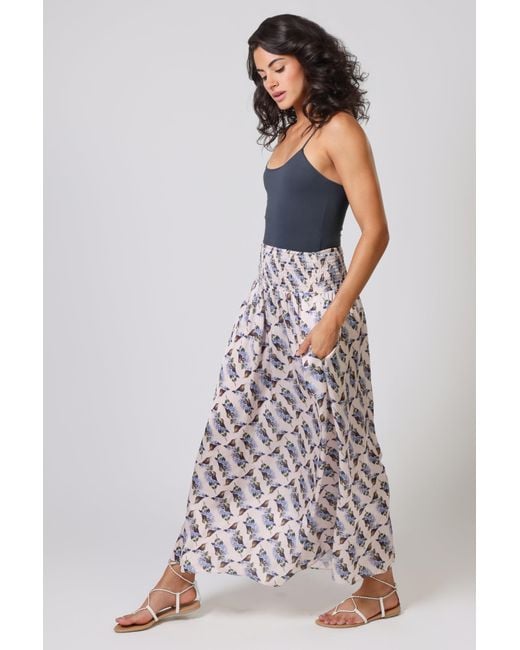 Traffic People Gray Neutrals Hummingbird Cream And Bird Print Aurora Maxi Skirt