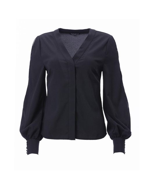 Carloslines Blue V-Neck Bar Tack Long Sleeve Blouse