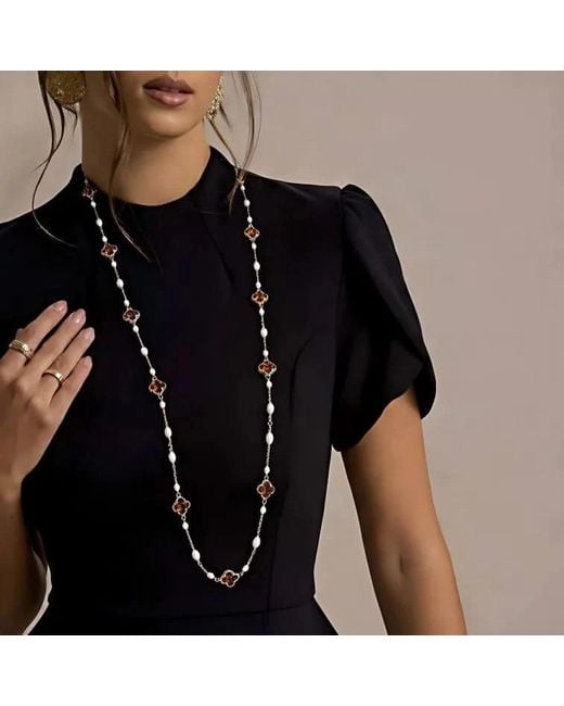 Angel Barocco Metallic Clover Crystal Freshwater Pearl Long Necklace