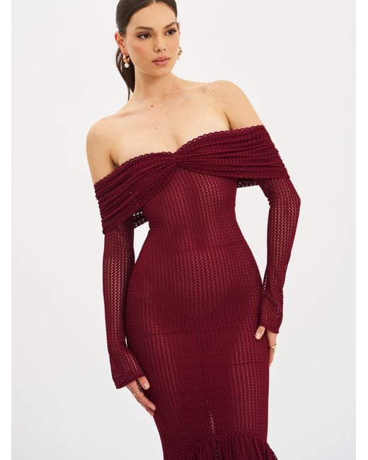 Miss Circle New York Purple Kaedyn Burgundy Off Shoulder Long Sleeve Crochet Mermaid Maxi Dress