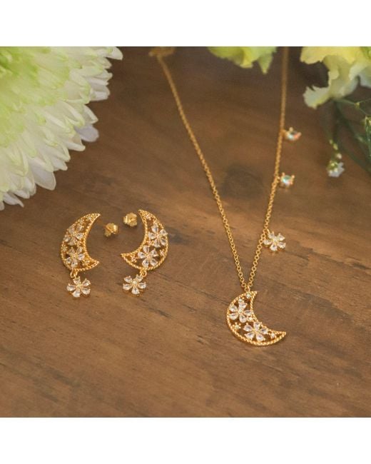Luna Charles Metallic Flora Flower Moon Pendant Necklace