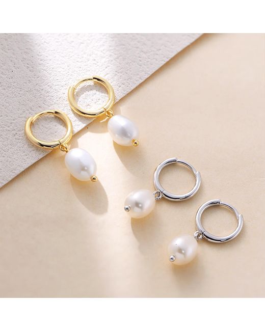 Harfi White Minimalist Freshwater Pearl Huggie Hoop Earrings