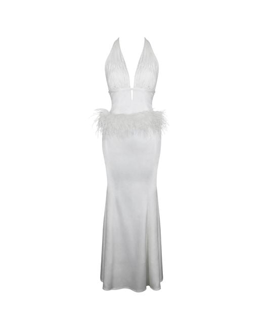 Miss Circle New York White Solene Pleated Halter Backless Feather-Trim Maxi Dress