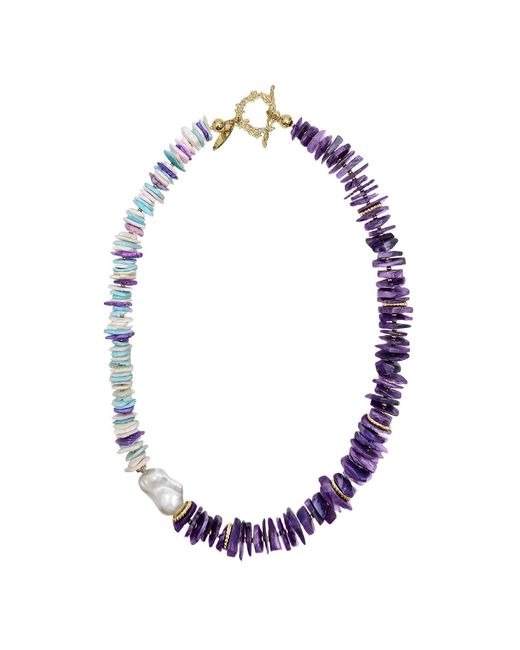 Farra Blue Vibrant Charoite And Colorful Shell With Baroque Pearl Necklace