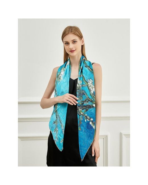 Soft Strokes Silk Blue Pure Silk Scarf Painting Almond Blossom Van Gogh Small